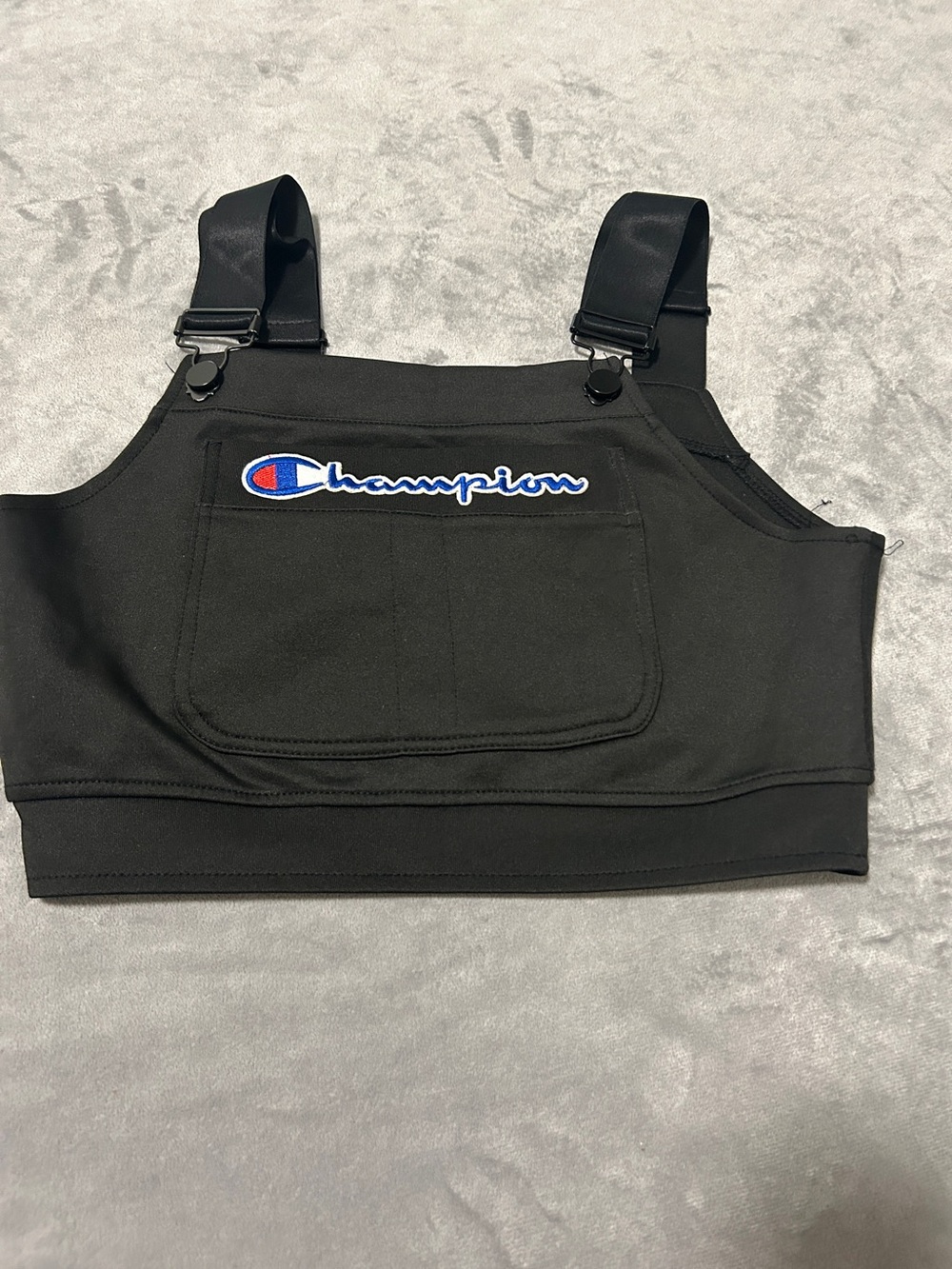 Campion super fleece black overall bib crop top embroidered cursive logo